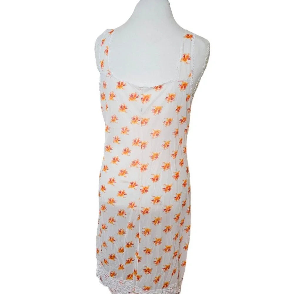 VTG Sheer‎ White Orange Floral Full Slip Sz M Lace Trim Poland 60s 70s Nylon